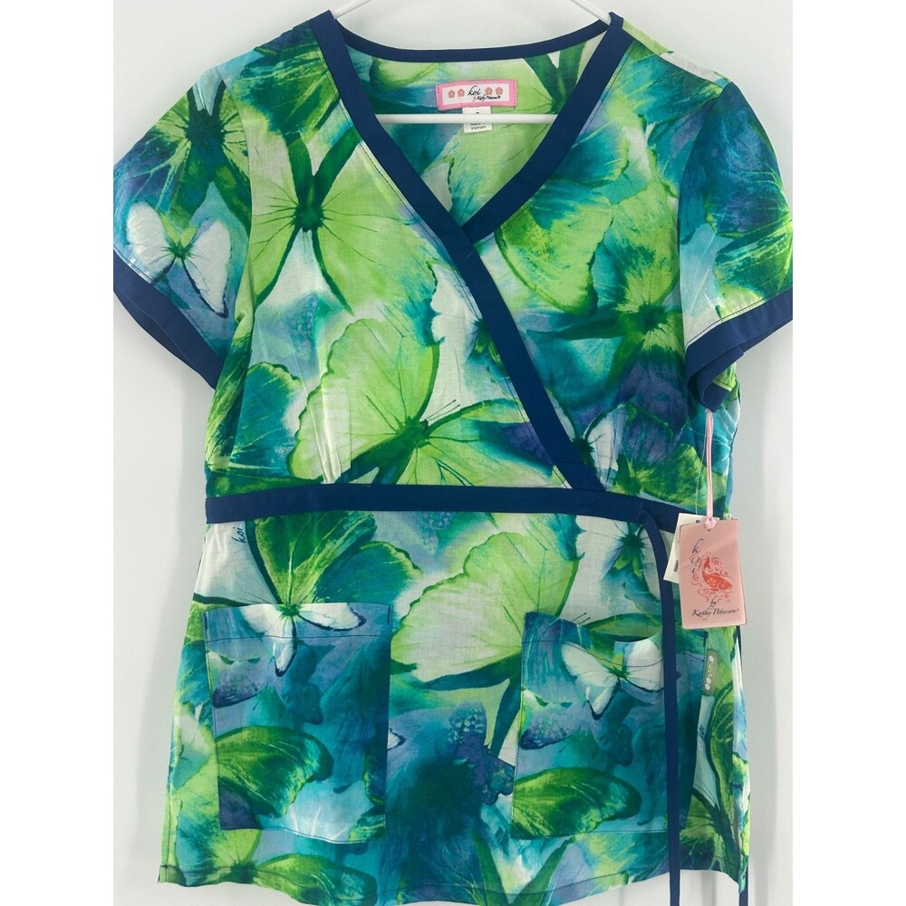 NWT Koi Kathy Peterson Katelyn Mock Wrap Scrub Top Green Teal Butterfly Size M